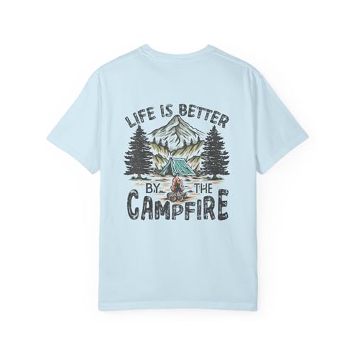 Mostly Cozy & Co. Life is Better by the Campfire T-Shirt | Camping Mountain Tent Design Chambray