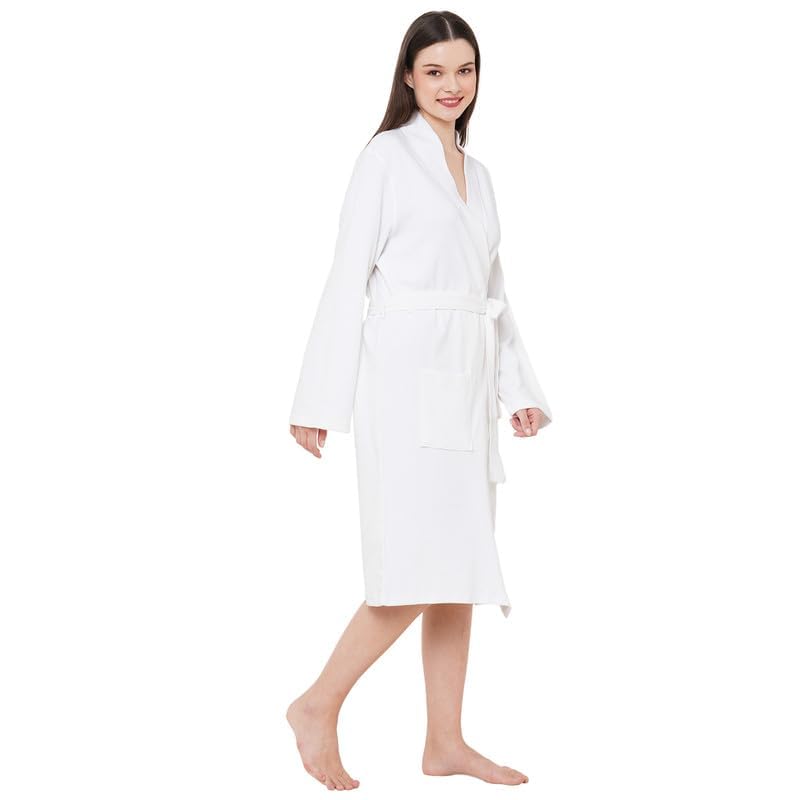 Image of Inner Sense Organic Cotton Bathrobe For Women I V Neck, Relaxed Fit and Knee Length I Soft, Comfortable, Adjustable Waist Belts I White Bath Dress For Women