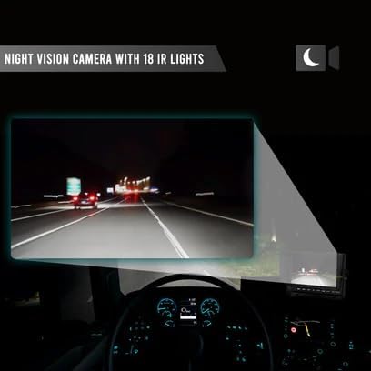 A night vision camera with 18 IR lights, showing a clear view of a road at night from a driver's perspective, with the camera feed displayed on a monitor.