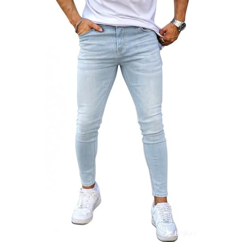 GINGTTO Skinny Jeans Men Stretch Tapered Leg Slim Fit Elastic Waist Ice Blue 28W x 30L