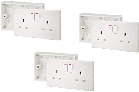 SHP Electrical® 13A Double White Switched Socket & Premium Double Surface Mount 25mm Pattress Box 2 Gang Set Electrical Outlets - Screw Caps Included