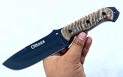 Ottoza Handmade 1095 Carbon Steel Bushcraft Knife & Ram Horn Handle - Survival Knife - Camping Knife - Tactical Knife - Hunting Knife with Sheath Horizontal Carry Knife & Vertical Knife No:309