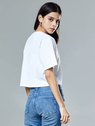 Image of Women Oversize Fit Round Neck with Short Sleeves Cotton Brooklyn Printed Crop Tops.