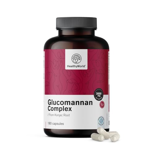 HealthyWorld® Glucomannan Komplex 3000 mg – Aus der Konjakwurzel – 180 Kapseln – Zur Unterstützung der Gewichtsabnahme – Mit zugesetztem Cholin, Chrom, Vitamin D3 und B3 – Ohne GVO – 1-Monatsvorrat
