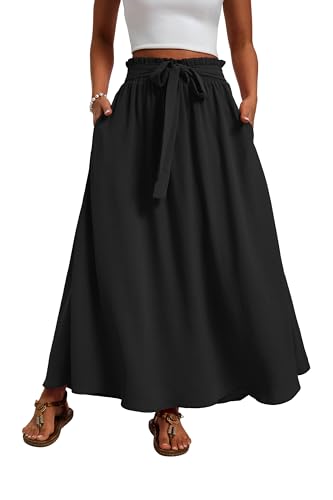 Mintreus Womens Maxi Skirt High Waisted Flowy A Line Weekend Skirt with Tie Waist for Summer, A01-black, Small