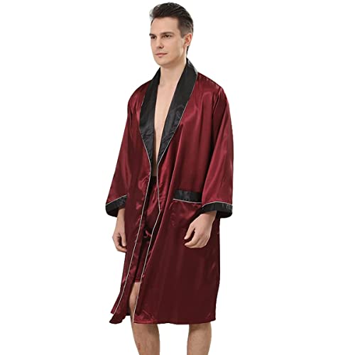 Men's Summer Lightweight Kimono Soft Satin Robe with Shorts Long-Sleeve Pajamas Printed Bathrobes2