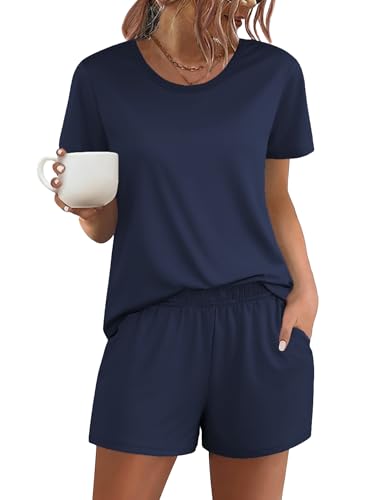 Image of Ekouaer Women's Pajama Sets Short Sleeve Pjs 2 Piece Top and Shorts Sleepwear Comfy Soft Lounge Sets with Pockets