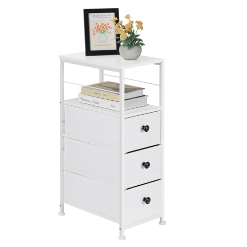 Cajonera de Tela Cómoda con 3 Cajones Plegables Estante Abierto y Marco de Acero para Salón Dormitorio, armario estrecho cómoda de almacenamiento para espacios pequeños, Blanco