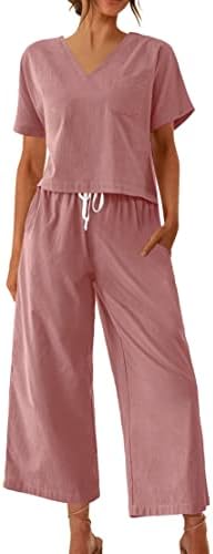 Ekouaer Women's Pajamas Set Outfits Tracksuit Short Sleeve Blouses Top Wide Leg Pants Cotton Linen Lounge Sets Red