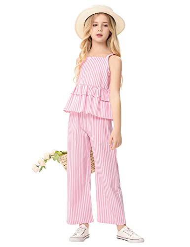 Image of Girl's 2 Piece Striped Outfits Cami Top Wide Leg Pants Ruffle Hem Summer Clothes with 2 Pockets 3-14Y