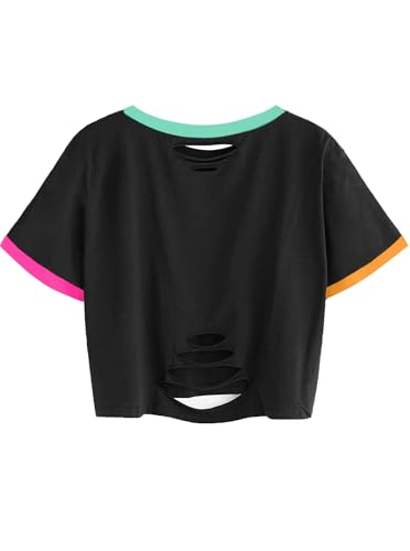 Image of Avanova Women Raglan Shirt Ripped Distressed Crop Tops Short Sleeve Cropped T Shirts Summer Tee