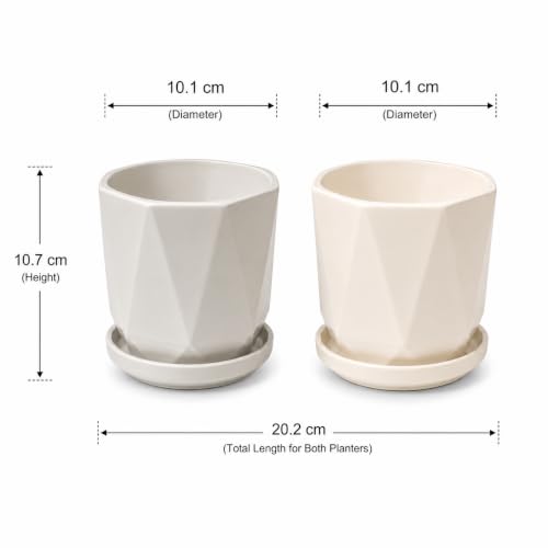 Image of Xtore Refined Geometric Ceramic Planter Set of 2 with Saucers for Home & Office Decor | Faceted Indoor Flower Pots for Succulents, Herbs, Cacti, Living Room, Bedroom (Off-White, Light Grey)
