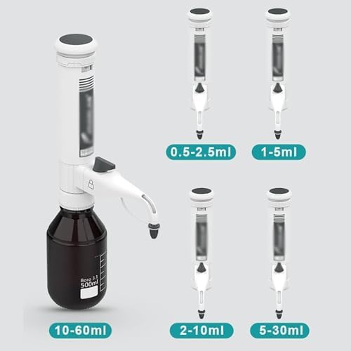 Sleeve Type Bottle Top Dispenser, 0.5~60ML Adjustable Lab Pipettes with Various Adapters, Double Valves, Scale Display, Gear Adjustment, Bottle Not Included, for Acid Base Reagent (0.5-2.5 ml)