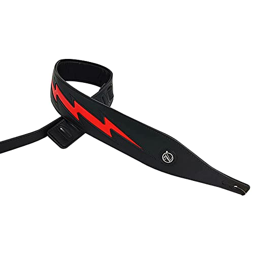 adiya Guitar Strap with Lightning Bolt for Electric Guitars/Bass, Leather Adjustable Length,Black/White/Red Available (Black body red lightning)