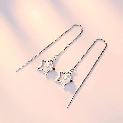 Pendientes de botón joyería mujer plata 925 largos con estrella y perla esférica 2