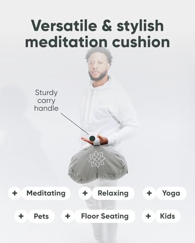 Mindful & Modern Large Meditation Cushion | Zafu Yoga Bolster Meditation Floor Pillow Seat | Buckwheat Hull Filled Crescent Shaped Cushion with Removable Washable Cover + Carry Handle | Grey