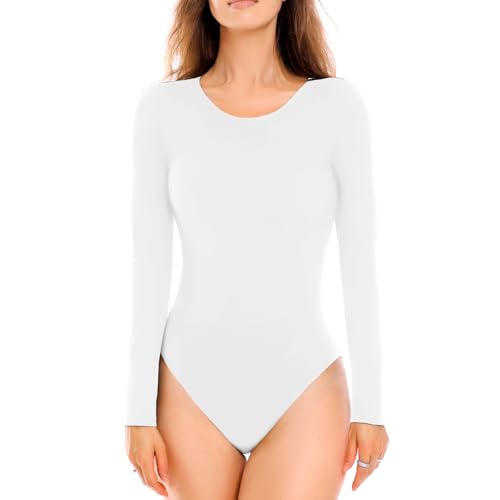 Walifrey Crew Neck Long Sleeve Bodysuit for Women Soft Stretchy Basic Shirts Bodysuits Tops White M