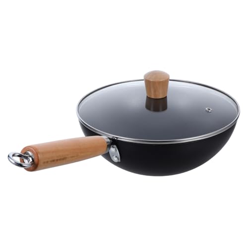 Alipis Sartén Wok Pequeño de Hierro con Tapa Antiadherente y Mango de Madera para Freír Saltear y Cocinar al