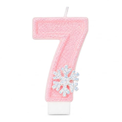7th Snowflake Birthday Candle Pink Glitter Number 7 Candle Cake Topper