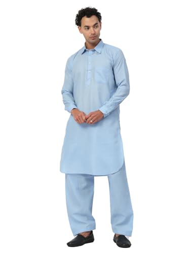 Image of Men's Traditional Pathani Kurta Salwar Set, Red, Long Sleeve, Collared Neck, Cotton Blend, Ethnic Wear