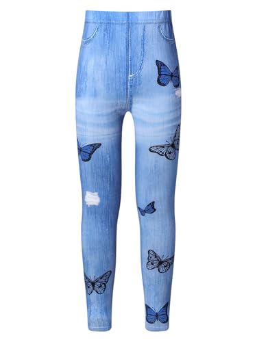 TiaoBug Kids Girls Butterfly Printed Denim Jeggings Jeans Leggings Casual Skinny Pants Denim Trousers Streetwear