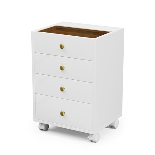 JanlyHome Under Desk Storage, Small Chest of 4 Drawers, Home Office Vertical File Cabinet with Glass Top, Mobile Printer Stand with Lockable Wheels for Home Office Study, White