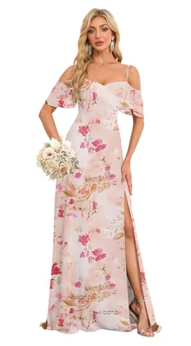 Image of Floral Chiffon Bridesmaid Dresses with Woman Pink Bouquet Floral Long Mermaid Ruffle Wedding Guest Dress US16 HGR93