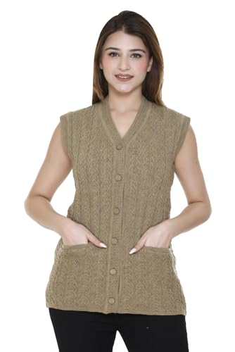 Image of aarbee Self Design Sleeveless V Neck Woollen Cardigan for Women with Front Pockets