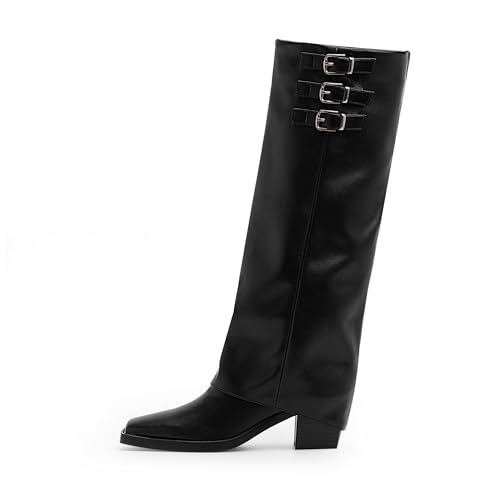 Women's Block High Heel Square Toe Buckle Strap Fold Over Knee High Boots2