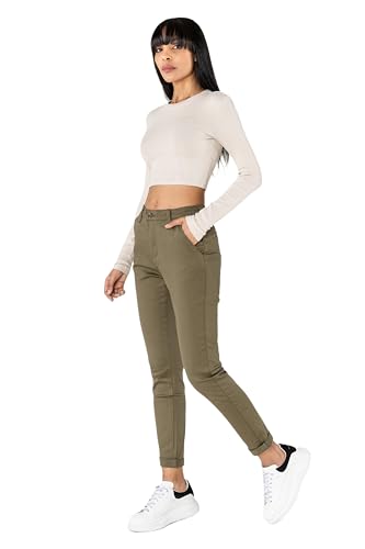 Nina Carter J250 Damen Chinohose Bequeme High Waist Slim Fit Stretch Baumwollhose Stilvolle Alltag Freizeit Hose (Khaki (J250-11), M)