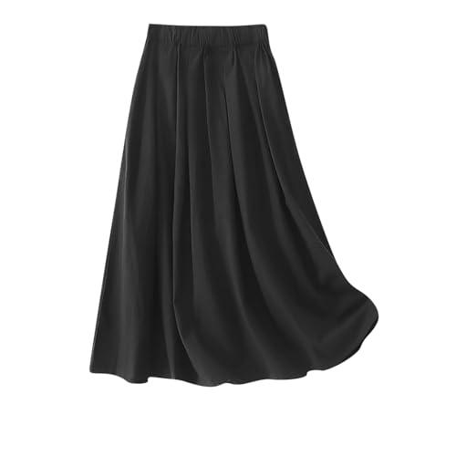 JOAU Women's Casual Cotton Skirt Elastic High Waist Peasant A-Line Midi Skirts with Pockets Summer Solid Pleated Beach Skirt