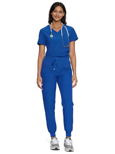 floralhue Scrubs for Women Womens Medical Scrub Sets V-Neck Scrubs Top & Cargo Pants with 12 Pockets Royal Blue M