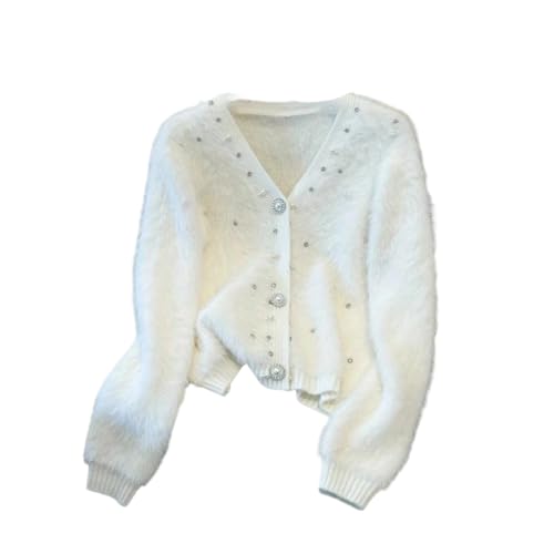 Women Short Knitted Sweater Cardigan Furry Nail Bead Loose Jacket