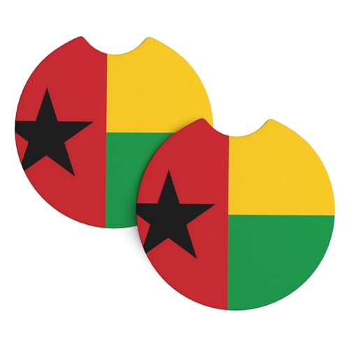 Lot de 2 sous-verres de voiture avec motif drapeau de la Guinée-Bissau - 6,9 cm - Avec encoche de doigt - Pour homme et femme