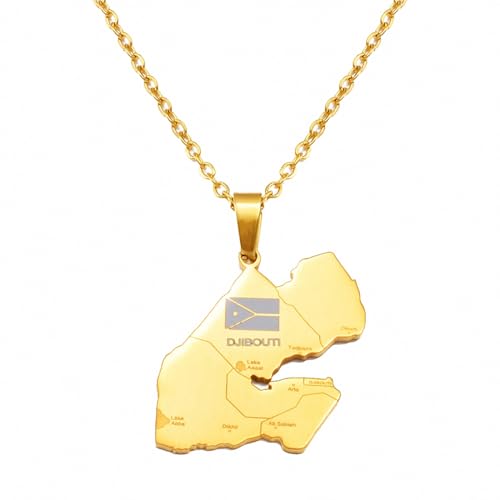 Macracrua DJIBOUTI Collier avec pendentif pour femme et homme - Bijou patriotique Gabuutih, 45CM or 17.7 Inches, Acier inoxydable Plaqué or