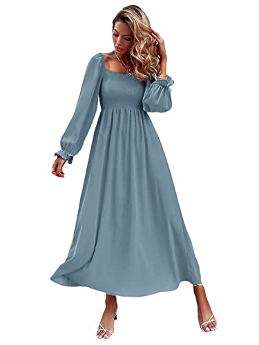 Floerns Women s Boho Floral Print Square Neck Flounce Sleeve A Line Long Dress Dusty Blue M