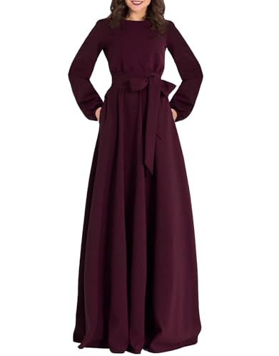 Image of Long Sleeve Maxi Wine Dress Elegant Audrey Hepburn 2 Pockets High Waist Belt Fall Wedding Guest Dresses for Women Wine M