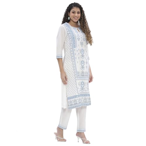 Image of Biba Women 100% Cotton 3 /4 Sleeve Round Neck Printed Kurta Set
