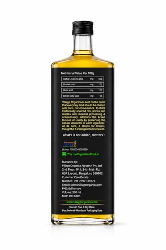 Image of Village-Organica Cold Pressed Flaxseed (Alsi) Oil | 500 ml | 100% Pure, Unrefined & Chemical-Free | Omega 3-6-9 Linseed Oil for Cooking & Hair | Glass Bottle