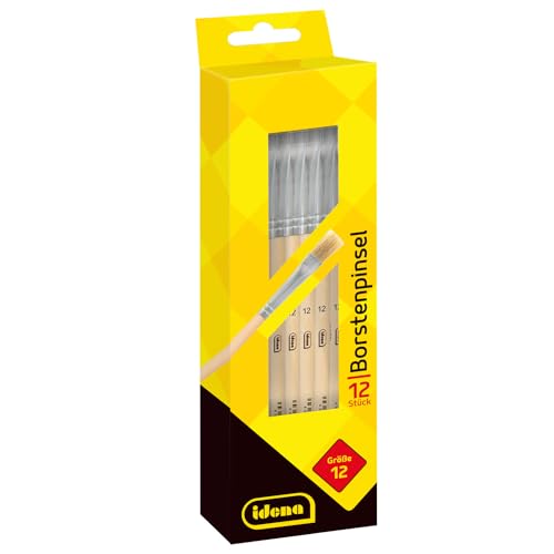Idena 90098 - Borstenpinsel, Größe 12, mit unlackiertem Holzstiel, 12er Set, Malpinsel für Schulkinder Hobbykünstler