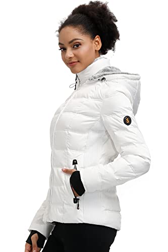 Slow Down Women Midweight Down Puffer Jacket, Warm Hooded Winter Down Jacket For Women With Faux-Fur Hood & Collar (White, L) #TOP1