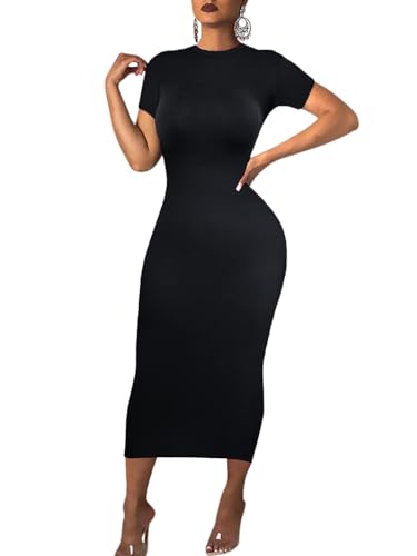 Women's Long Bodycon Dress - Summer Casual Short Sleeve Midi Club Party Fitted Tight Dresses