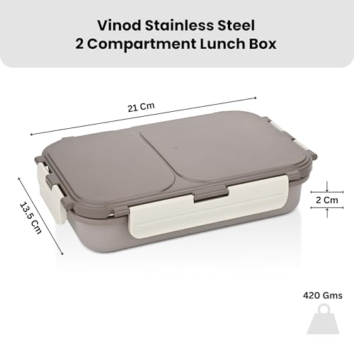 Image of Vinod GO-Tiffin Stainless Steel 2 Compartment Insulated Lunch Box | Grey | Leaf-Proof, Vacuum Sealed & Air Tight | Tiffin Box for Office, Kids & Adults | Freezer Safe | with Safety Lock