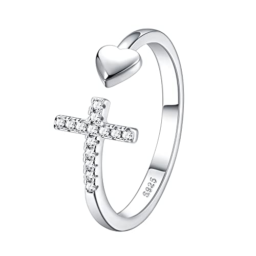 KALVICA 925 Bague Femme en Argent,Bague d'amour Croix avec Zircon Ouverte Bague Réglable pour Femme Filles