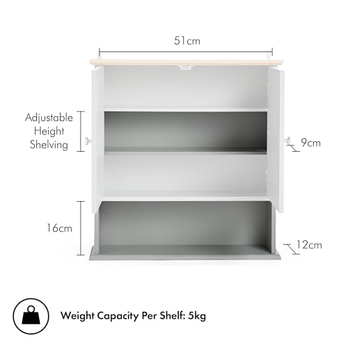 VonHaus Bathroom Mirror Cabinet – Grey Bathroom Wall Cabinet with Wood Effect Top - 2 Door with Mirror, 3 Internal Shelves & 1 Open Shelf - for Toiletries & Medicine - Shrewsbury