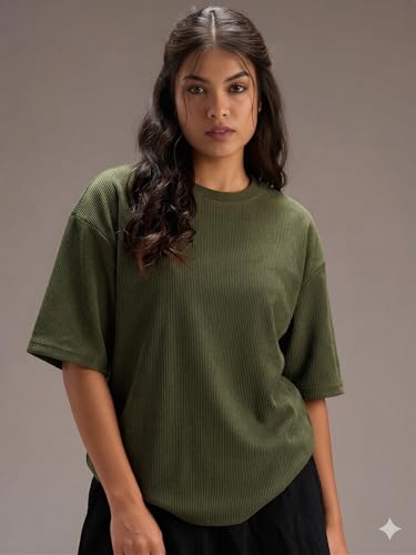 Image of RodZen Women Half Sleeve Polycotton Rib Textured Oversized Tshirt|Drop Shoulder|Loose Fit Tshirt|Stretchable