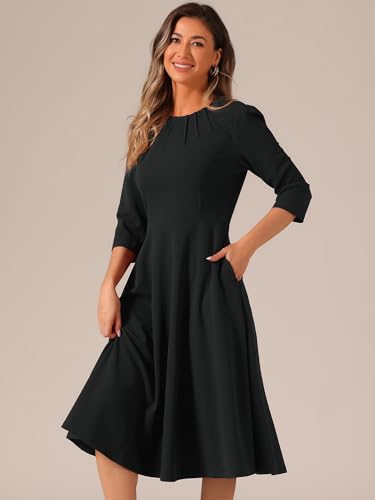 Image of Allegra K Elegant Work Dress for Women's 3 /4 Sleeve Round Neck Pockets Vintage A-Line Swing Midi Dress
