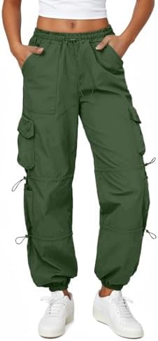 Friptspyg Women's Cargo Trousers Lightweight Trekking Trousers with Pockets Hiking Trousers Waterproof Belt Outdoor Sports Joggers, Olive Green S