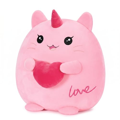 Onsoyours Original Unicorn Cat Plush with Red Love, Cute 12" Pink Hugging Kitten Stuffed Animal, Ultra Soft Heart Plush Toy Mother Day Valentines Day Gifts