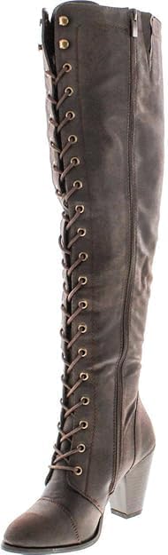 Forever Women's Chunky Heel Lace Up Over-The-Knee High Riding Boots,Brown,7